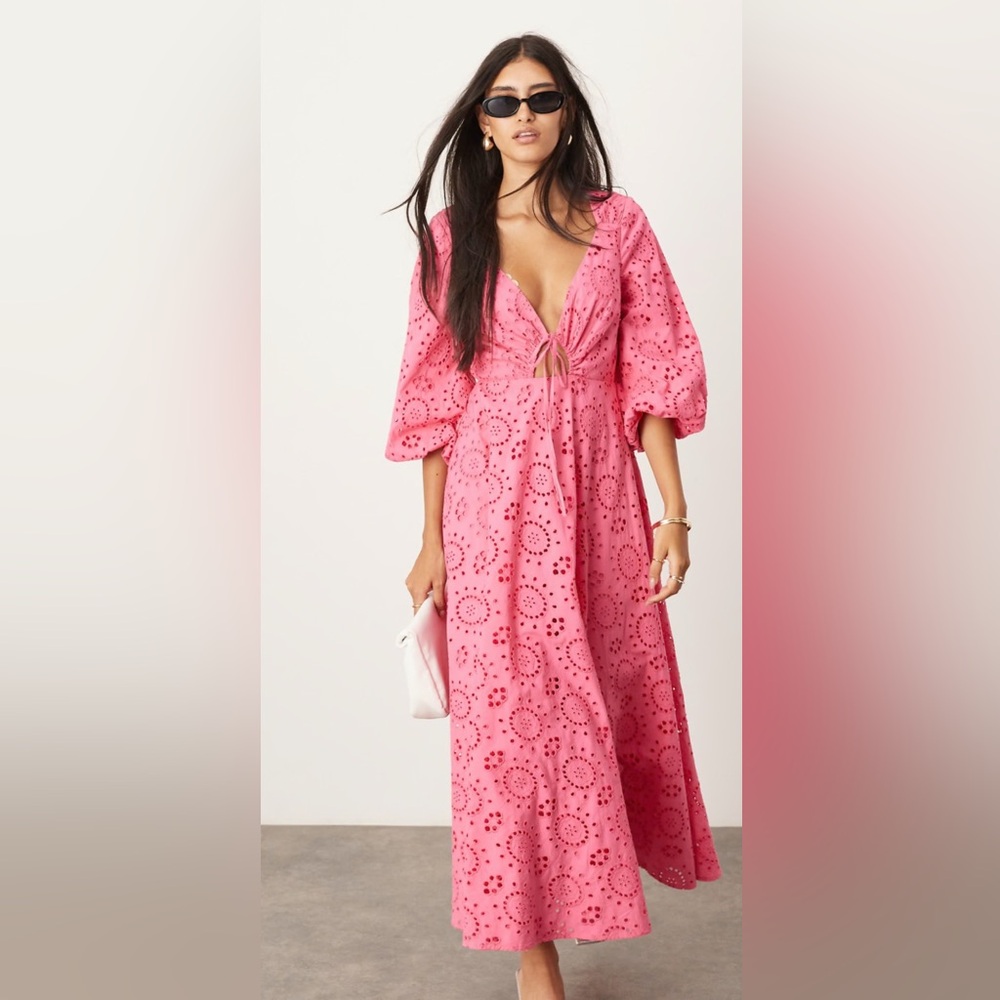 NWT ASOS EDITION eyelet tie front midi dress with cut out detail in hot pink